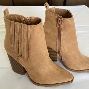 Tan Suede booties with inside zipper pocket 3” heel. NWT